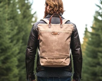 Waxed Canvas Convertible Backpack: Beige Tan Rucksack, Diaper Bag