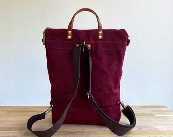 TRiPOLiS - BURGUNDY! Waxed Canvas Backpack - Convertible Backpack, Diaper Backpack, A3 waxed canvas Bag, Rucksack, Multi pockets bag