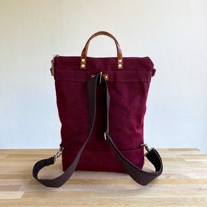 TRiPOLiS - BURGUNDY! Waxed Canvas Backpack - Convertible Backpack, Diaper Backpack, A3 waxed canvas Bag, Rucksack, Multi pockets bag