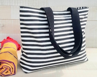 AHOY! Beach Tote Bag , MEDIUM Tote, Black and White striped, market tote, stripe tote bag, black white stripes, shoulder bag