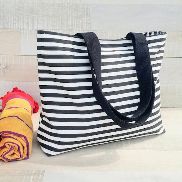 AHOY! Beach Tote Bag , MEDIUM Tote, Black and White striped, market tote, stripe tote bag, black white stripes, shoulder bag