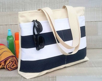 Striped Beach Tote Bag: Large Cotton Canvas Market Bag