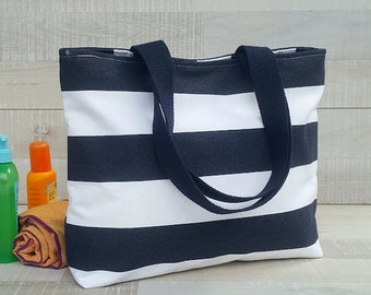 AHOY! Beach Tote Bag , MEDIUM Tote, Navy Blue and White striped, market tote, stripe tote bag, bold stripes, shoulder bag