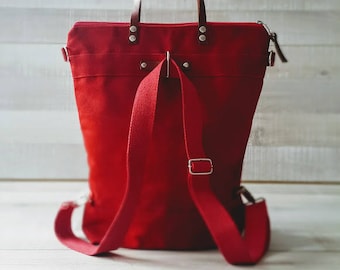 Waxed Canvas Backpack, Convertible Backpack, Diaper Backpack, A3 waxed canvas Bag, Rucksack, Multi pockets bag - RED