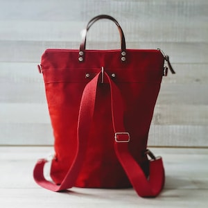 Waxed Canvas Backpack, Convertible Backpack, Diaper Backpack, A3 waxed canvas Bag, Rucksack, Multi pockets bag - RED