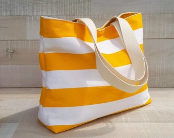 AHOY! Beach Tote Bag, MEDIUM tote,  Yellow and White bold striped, market tote, stripe tote bag, yellow white stripes, shoulder bag