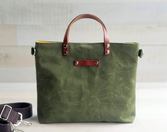 Waxed Canvas Tote -small- in Army GREEN "Dark Green", for men, for women, unisex tote, fall fashion, rustic, autumn, winter, harvest, carry
