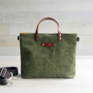 Waxed Canvas Tote small in Army GREEN Dark Green, for men, for women, unisex tote, fall fashion, rustic, autumn, winter, harvest, carry image 1