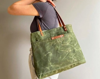 Waxed Canvas Tote Bag: Army Green Waterproof Tote with Leather Straps