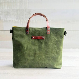 Waxed Canvas Tote small in Army GREEN Dark Green, for men, for women, unisex tote, fall fashion, rustic, autumn, winter, harvest, carry image 2