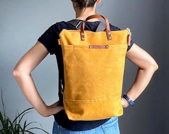 Waxed Canvas Backpack - Mustard Yellow, Convertible Backpack, Diaper Backpack, A3, Rucksacks - mellow yellow