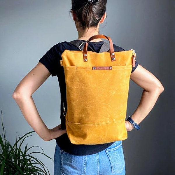 Waxed Canvas Backpack - Mustard Yellow, Convertible Backpack, Diaper Backpack, A3, Rucksacks - mellow yellow