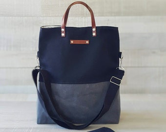 UNISEX WAXED TOTE BaG and WaLLeT Set, Black Gray Color Block Tote, A3 Laptop Bag, Mens Messenger Bag,, Waxed two tones Bag