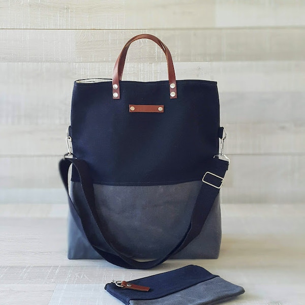 UNISEX WAXED TOTE BaG and WaLLeT Set, Black Gray Color Block Tote, A3 Laptop Bag, Mens Messenger Bag,, Waxed two tones Bag