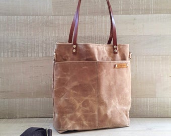 Gewachschte Canvas Simply Tote Bag in BEIGE / TAN , unisex Canvas Tote Bag, multifunktionale Tasche, gewachstem Canvas Beutel, Große Canvas Tasche