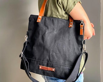 Waxed Canvas Tote Bag in CHARCOAL BLACK | Milano - MEDIUM Size