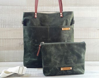 Handmade Waxed Canvas Tote Bag: Olive Green Leather Straps