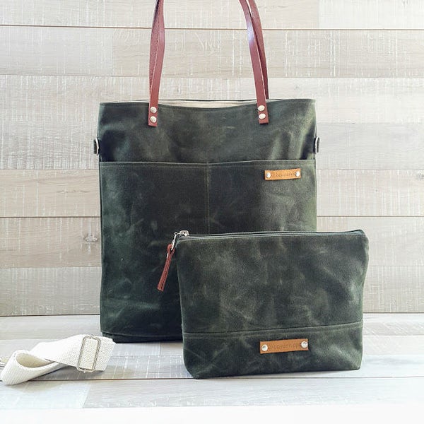 Waxed Canvas Simply Tote Bag in Army Green,  unisex multi functional tote bag, waxed canvas handbag for laptop bag and more