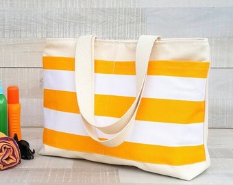 YAHO! Beach Tote Bag, LARGE tote, Yellow and White bold striped, market tote, stripe tote bag, yellow white stripes, shoulder bag