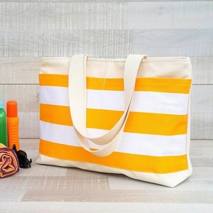 YAHO Beach Tote Bag, LARGE tote, Yellow and White bold striped, market tote, stripe tote bag, yellow white stripes, shoulder bag image 1