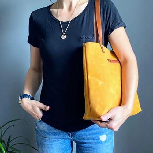 Waxed Weekender Canvas Tote Bag in Mustard Yellow / Yellow Etsy