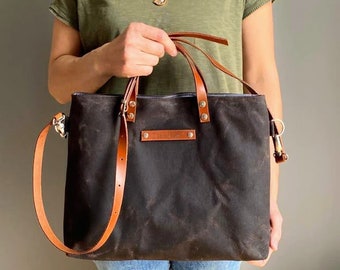 Waxed Canvas Tote: Small Brown Unisex Carryall with Leather Straps