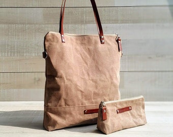 Waxed Canvas Tote Bag in BEIGE / TAN | Milano