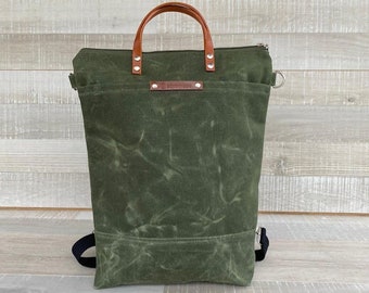 Waxed Canvas Backpack, Convertible Backpack, Diaper Backpack, A3 waxed canvas Bag, Rucksack, Multi pockets bag