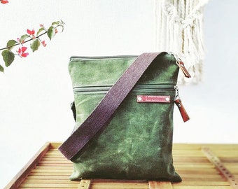 UNISEX Daily WAXED Canvas CrossBody Bag, Army Green, Forest Green, Olive Green, Small Bag, Passport Bag, Messenger Bag, Organizer Bag