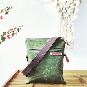 UNISEX Daily WAXED Canvas CrossBody Bag, Army Green, Forest Green, Olive Green, Small Bag, Passport Bag, Messenger Bag, Organizer Bag image 1