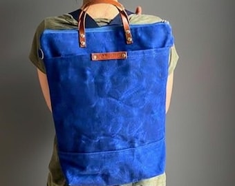 Waxed Canvas Convertible Backpack: Blue Rucksack, Diaper Bag