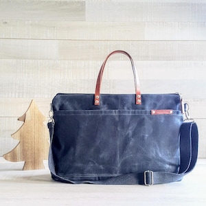 Waxed Canvas Bag in Charcoal Black Weekender Tote Bag image 2