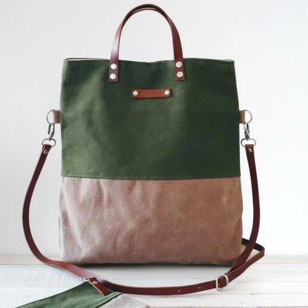 Handmade Waxed Canvas Colorblock Tote Bag & Wallet Set