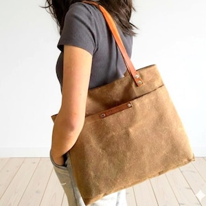 Waxed Canvas Tote Bag: Caramel Brown Shoulder Bag with Leather Straps