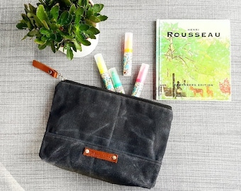 Waxed Canvas Pouch in Charcoal - LARGE Zippered Pouch