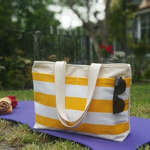 YAHO Beach Tote Bag, LARGE tote, Yellow and White bold striped, market tote, stripe tote bag, yellow white stripes, shoulder bag image 2