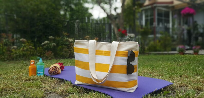 YAHO Beach Tote Bag, LARGE tote, Yellow and White bold striped, market tote, stripe tote bag, yellow white stripes, shoulder bag image 2