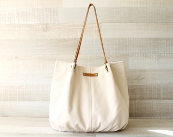 Tote Bag, Large Purse, Diaper Bag, Cream Bag, Creme Tote Bag, Handbag, Bag, Genuine Leather Handles, Large Bag, Oversize Bag, Everyday Tote