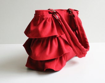 LAST ONE - Flamenco in Carmine Red / Canvas Ruffles Bag / High Fashion / Shoulder Bag / Zipper Closure /Large /Deep Red / ruby /cherry