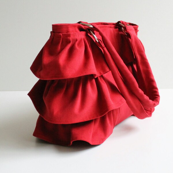 LAST ONE - Flamenco in Carmine Red / Canvas Ruffles Bag / High Fashion / Shoulder Bag / Zipper Closure /Large /Deep Red / ruby /cherry