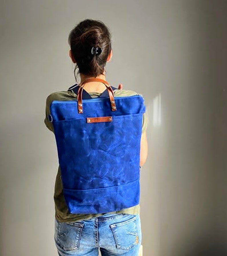 Waxed Canvas Backpack in BLUE, Convertible Backpack, Diaper Backpack, A3, Rucksacks true blue image 3