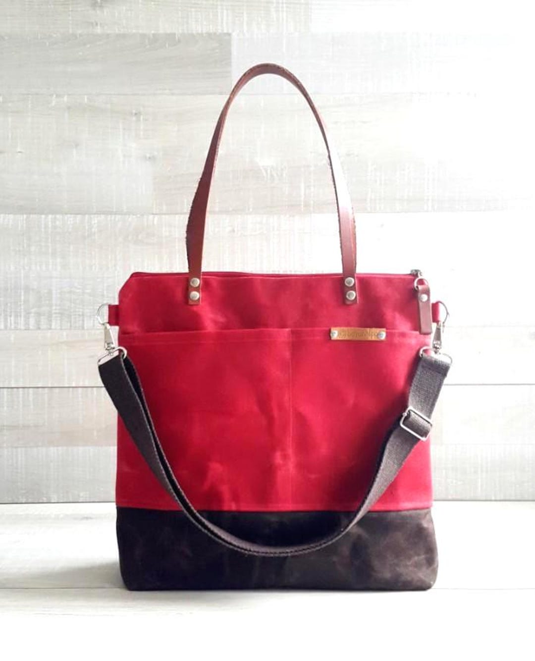 Handmade Waxed Canvas Tote Bag: Red & Brown Colorblock, Leather