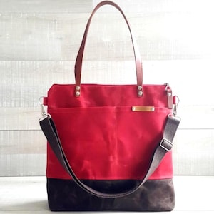 Handmade Waxed Canvas Tote Bag: Red & Brown Colorblock, Leather Straps