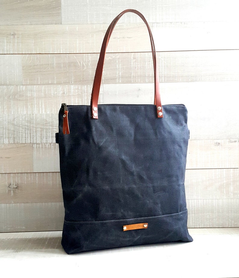 Waxed Canvas Tote Bag in Charcoal Milano, Canvas tote bag with pouch, waxed diaper tote bag, leather strap canvas tote bag. image 2