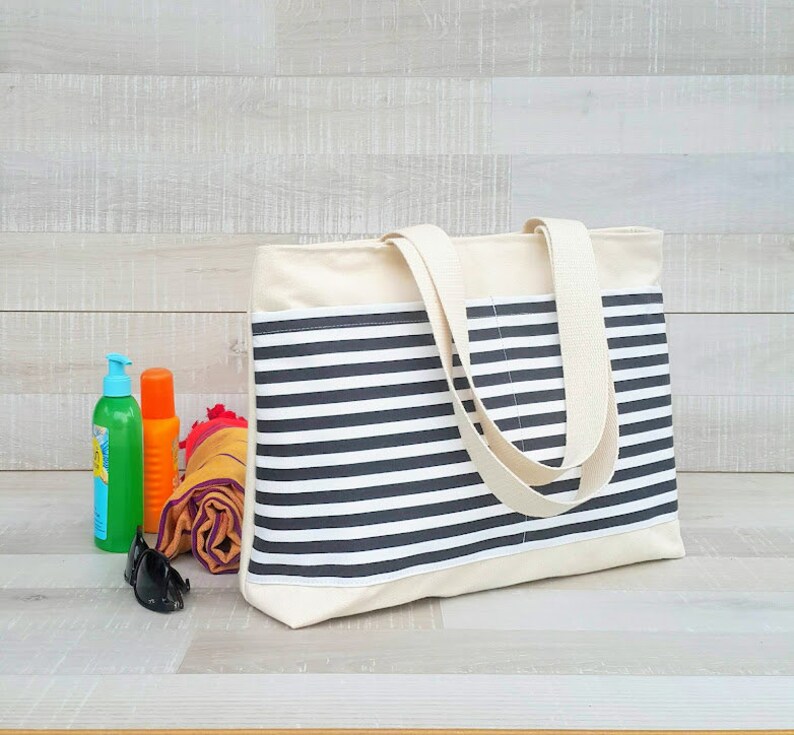 YAHO Beach Tote Bag, LARGE tote, Yellow and White bold striped, market tote, stripe tote bag, yellow white stripes, shoulder bag image 6