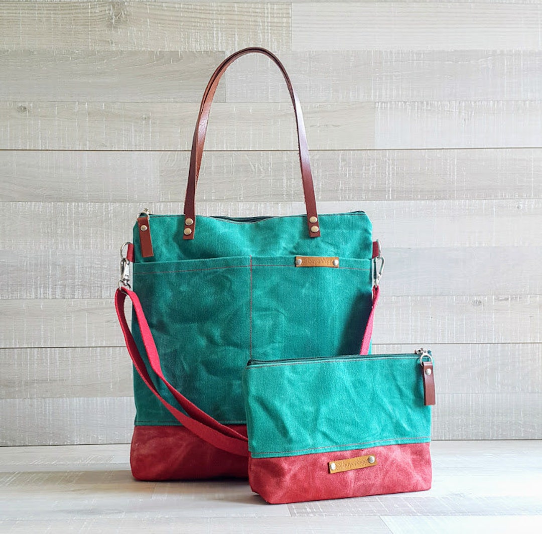 WAXED CANVAS TOTE in Green and Red Zippered, Unisex, Laptop, Diaper Bag ...