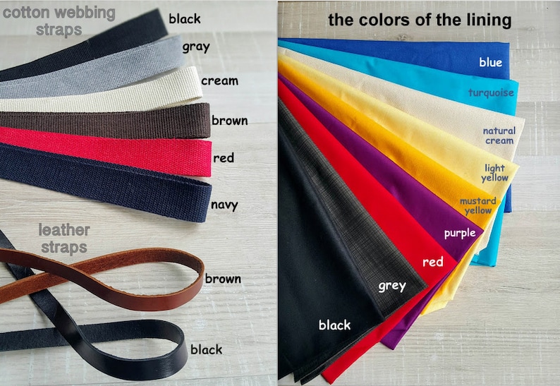 May include: A selection of cotton webbing straps in various colors, including black, gray, cream, brown, red, and navy.  The image also shows leather straps in brown and black.  The text "cotton webbing straps" and "leather straps" is visible.  The right side of the image shows a variety of fabric swatches in different colors, including blue, turquoise, natural cream, light yellow, mustard yellow, purple, red, gray, and black.  The text "the colors of the lining" is visible.