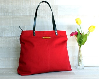 Genuine Leather Straps, Canvas Handbag, Large Shoulder bag, Diaper bag, Classy Hobo Bag, Red, ZIPPER CLOSURE, laptop bag, everyday bag