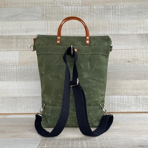 Waxed Canvas Backpack, Convertible Backpack, Diaper Backpack, A3 waxed canvas Bag, Rucksack, Multi pockets bag image 2