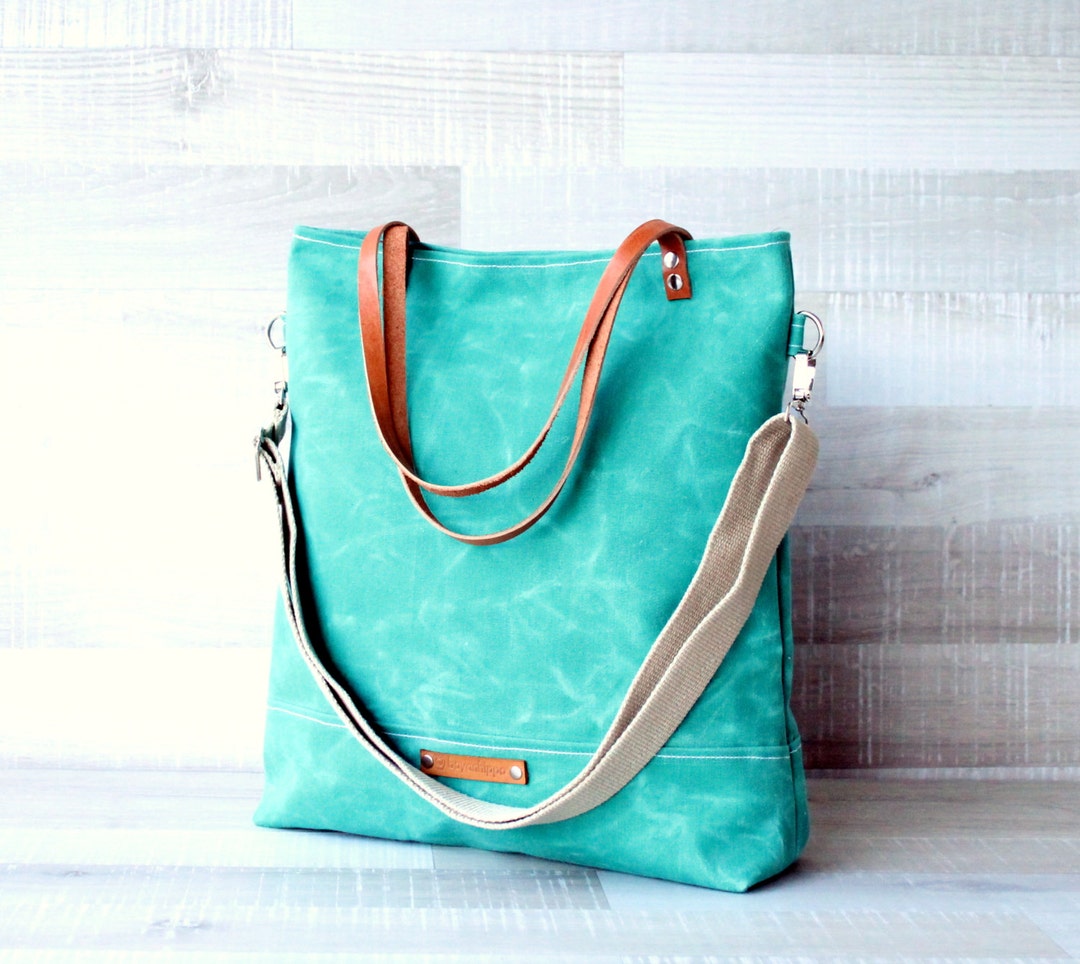 On SALE Waxed Canvas Tote Bag, UNISEX Bag, GREEN Tote Bag, Waterproof